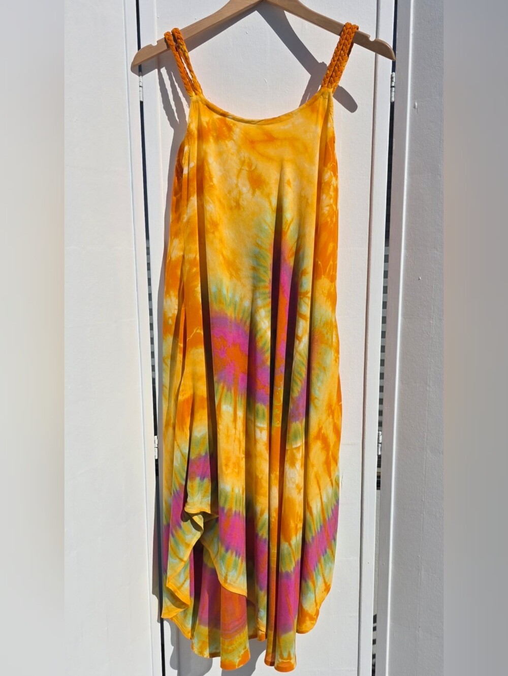 Unbranded 100% Cotton Tie-Dye Flowy Midi Dress in Yellow, Orange, Green and Pink